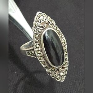 Sterling Silver Black Onyx & Marcasite Ring - Size 6.5